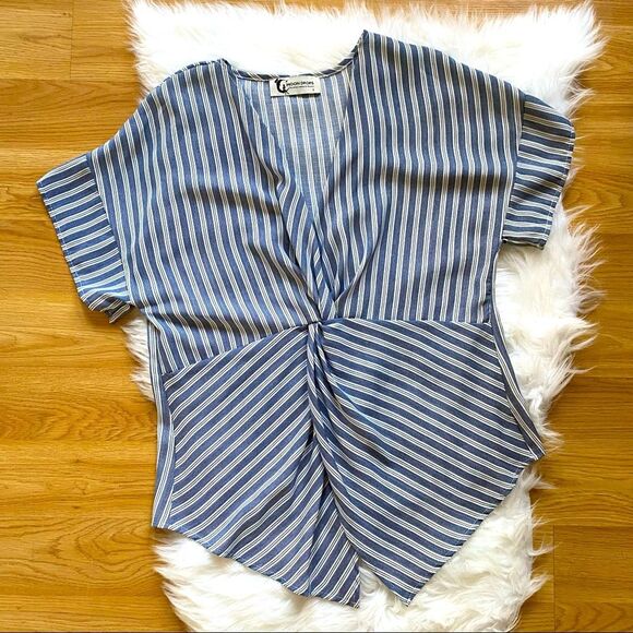 Moon Drops Top Short Sleeve Striped Front Knot Blue Size Small - Picture 1 of 5